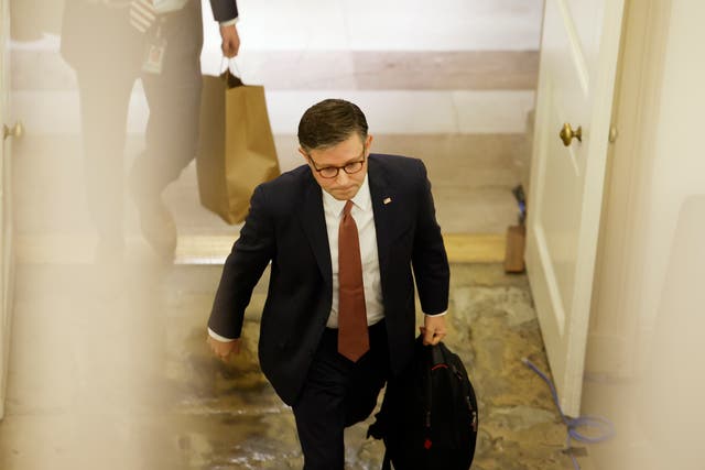 <p>WASHINGTON, DC - SEPTEMBER 25: U.S. Speaker of the House Mike Johnson (R-LA) walks to his office in the U.S. Capitol Building on September 25, 2024 in Washington, DC. Later this evening the House of Representatives will vote on legislation to fund government agencies through December that will later be taken up by the Senate. (Photo by Anna Moneymaker/Getty Images)</p>