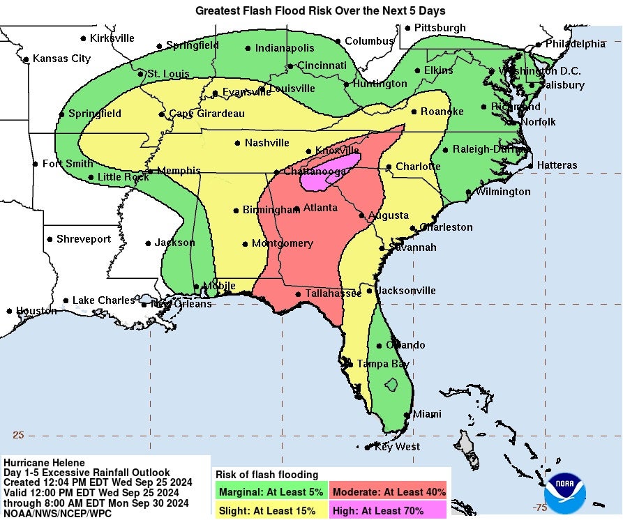 A map showing flood risk in Florida as Hurricane Helen approaches, a storm that local officials say will cause 