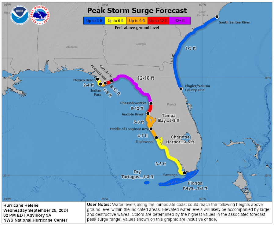 A map of expected storm surge in Florida as Hurricane Helen approaches, potentially strengthening to a Category 4 storm if it makes landfall in Florida.