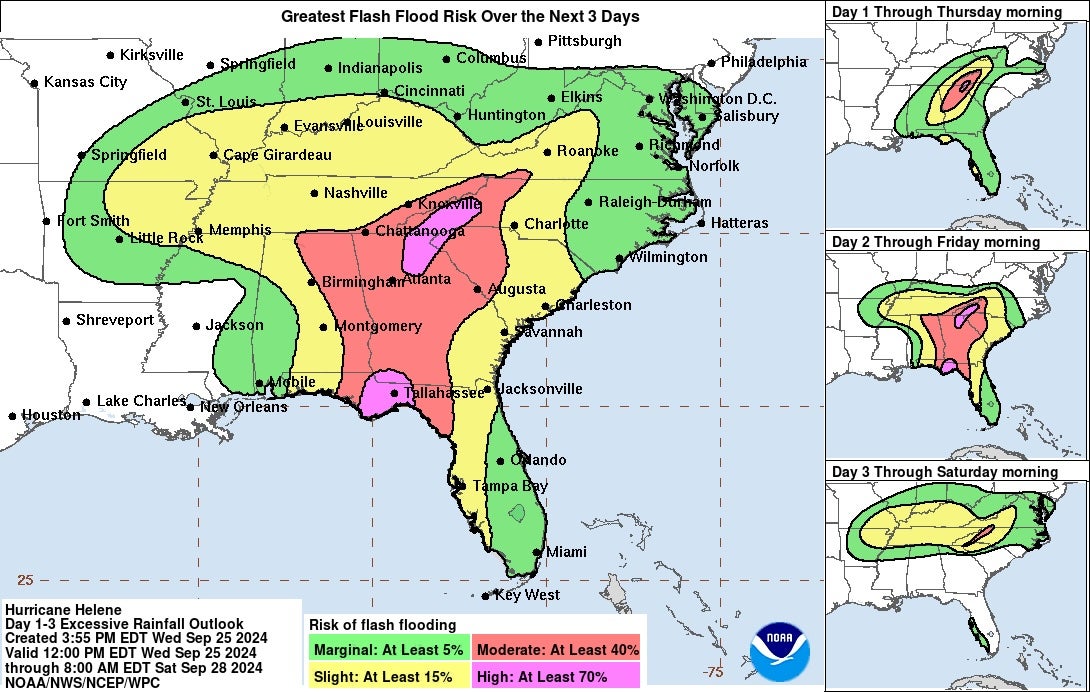 A map of the flash flood risk from Hurricane Helene