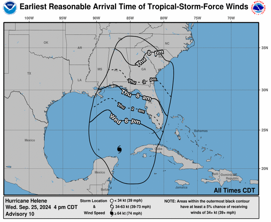 A map of wind arrival times as Hurricane Helene approaches Florida