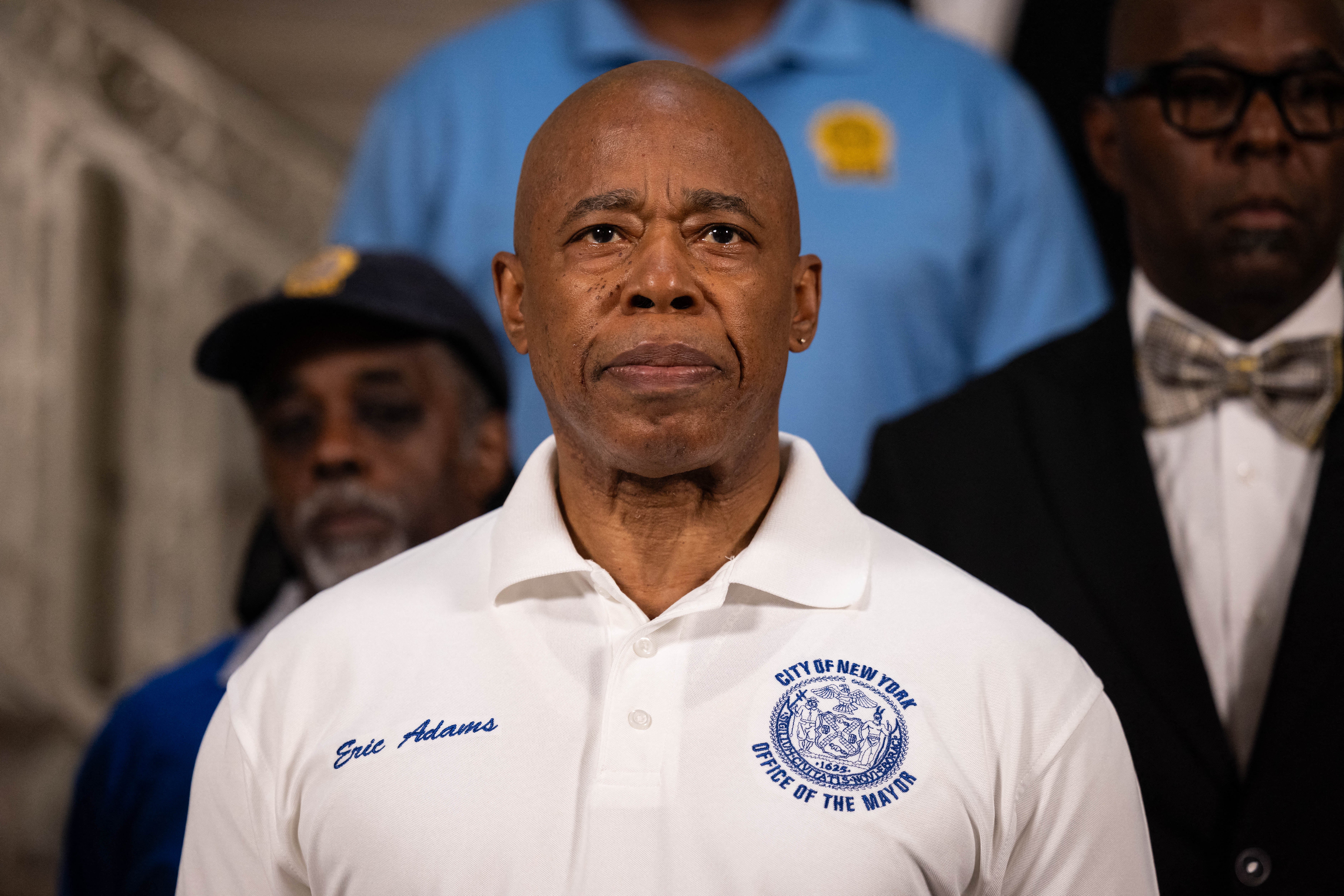 New York City Mayor Eric Adams attends a press conference after he was subpoenaed by the federal grand jury at New York City Hall on August 16, 2024 in New York