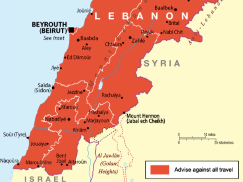 The Foreign Office warns against all travel to Lebanon, and the prime minister has urged British citizens to leave