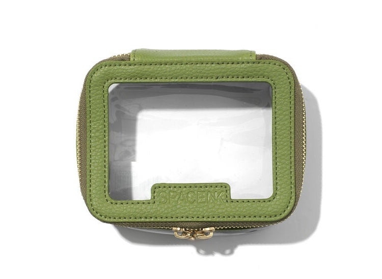 Clear Makeup Bag with Green Leather Trim