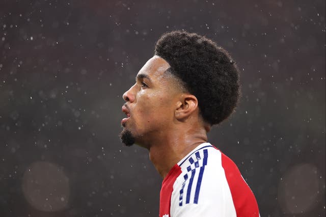 <p>Ethan Nwaneri of Arsenal looks on during the Carabao Cup third round</p>