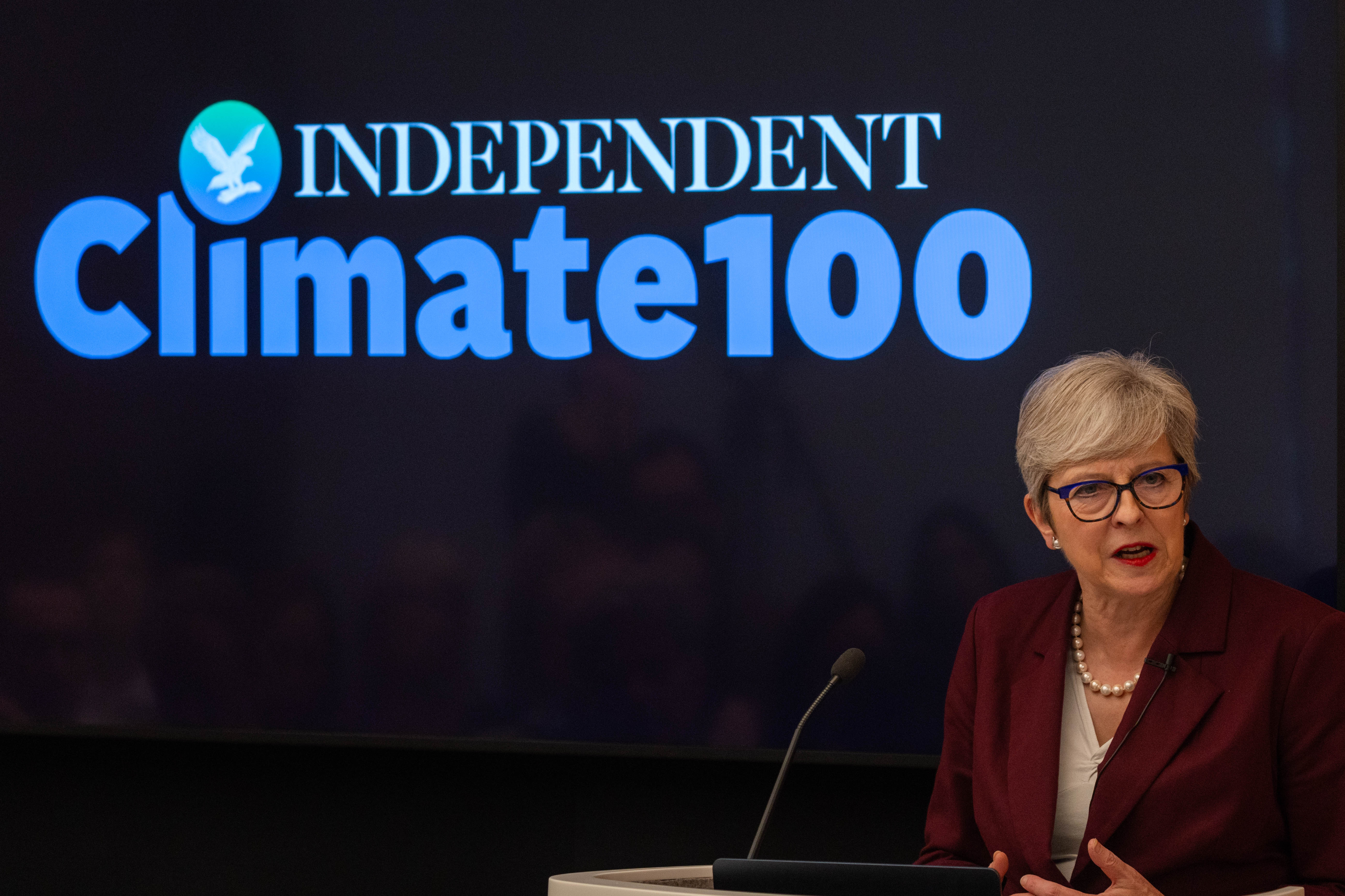 Former British prime minister Theresa May speaks at The Independent’s inaugural Climate 100 event on September 25 in New York