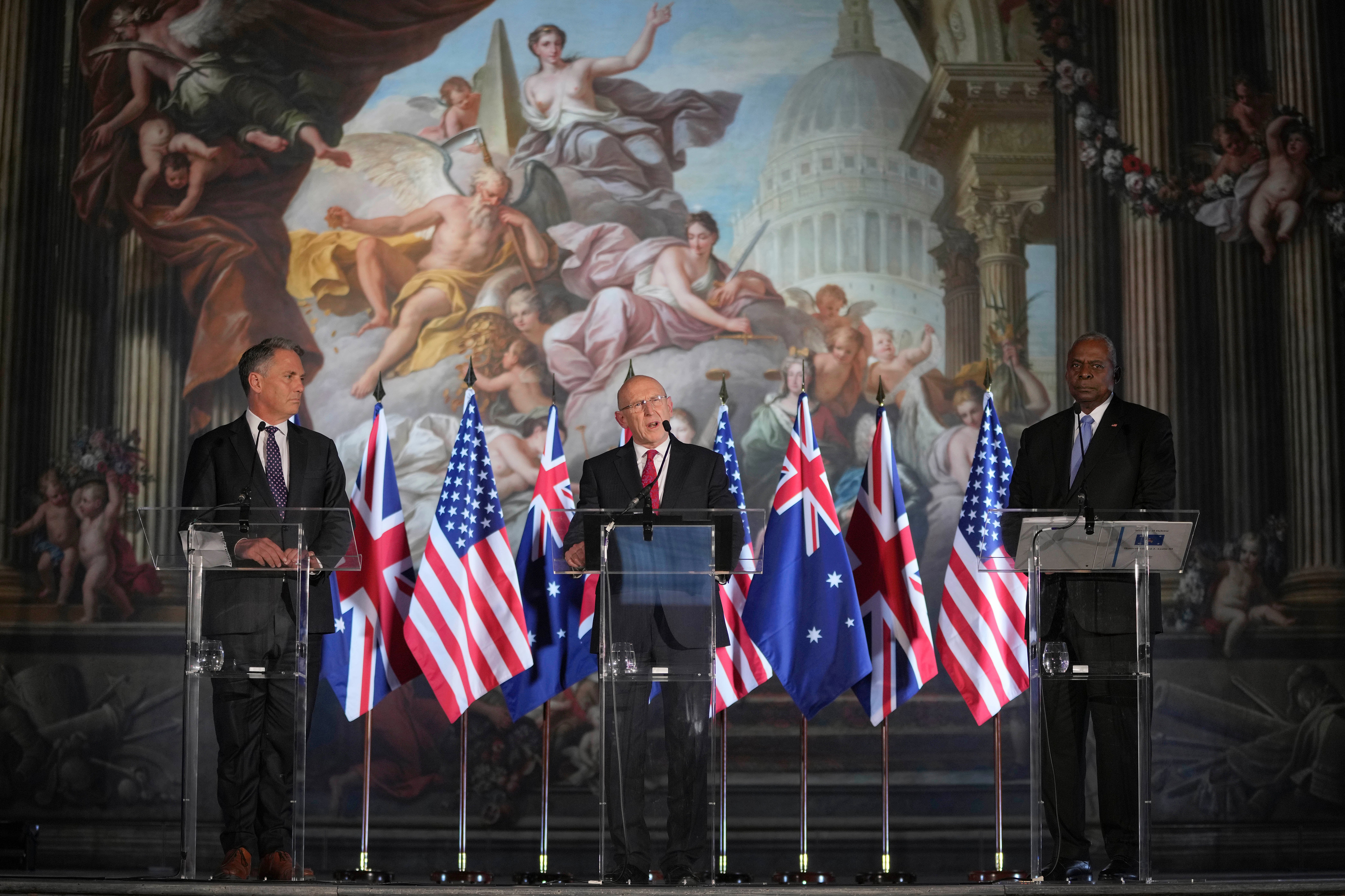 John Healey, UK secretary of state for defence, speaks at a joint press conference with his counterparts from Australia and the US