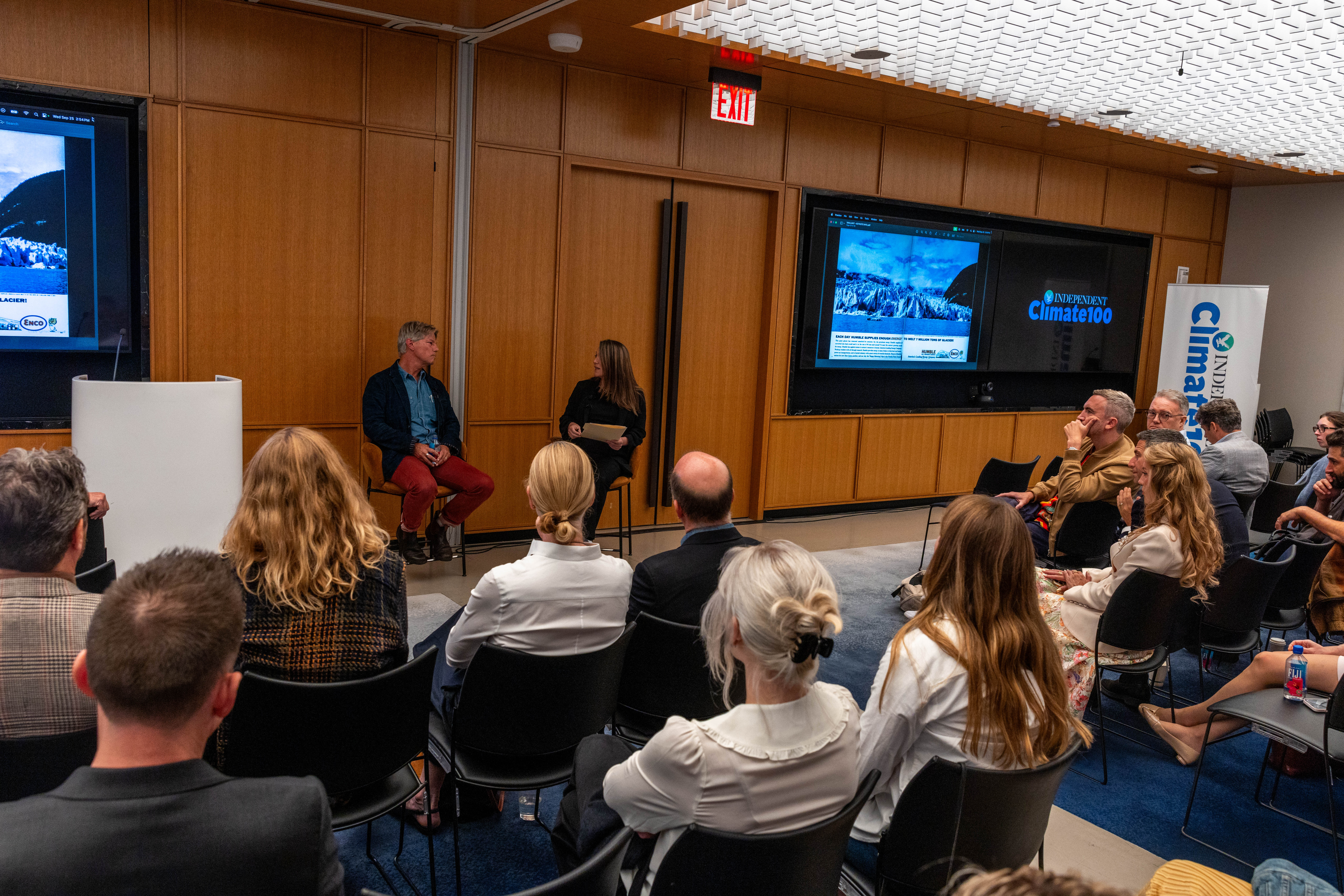 Bestselling author John Vaillant (left) speaks at the inaugural Climate 100 List event in New York City on September 25. He read from his award-winning book ‘Fire Weather: A True Story from a Hotter World’