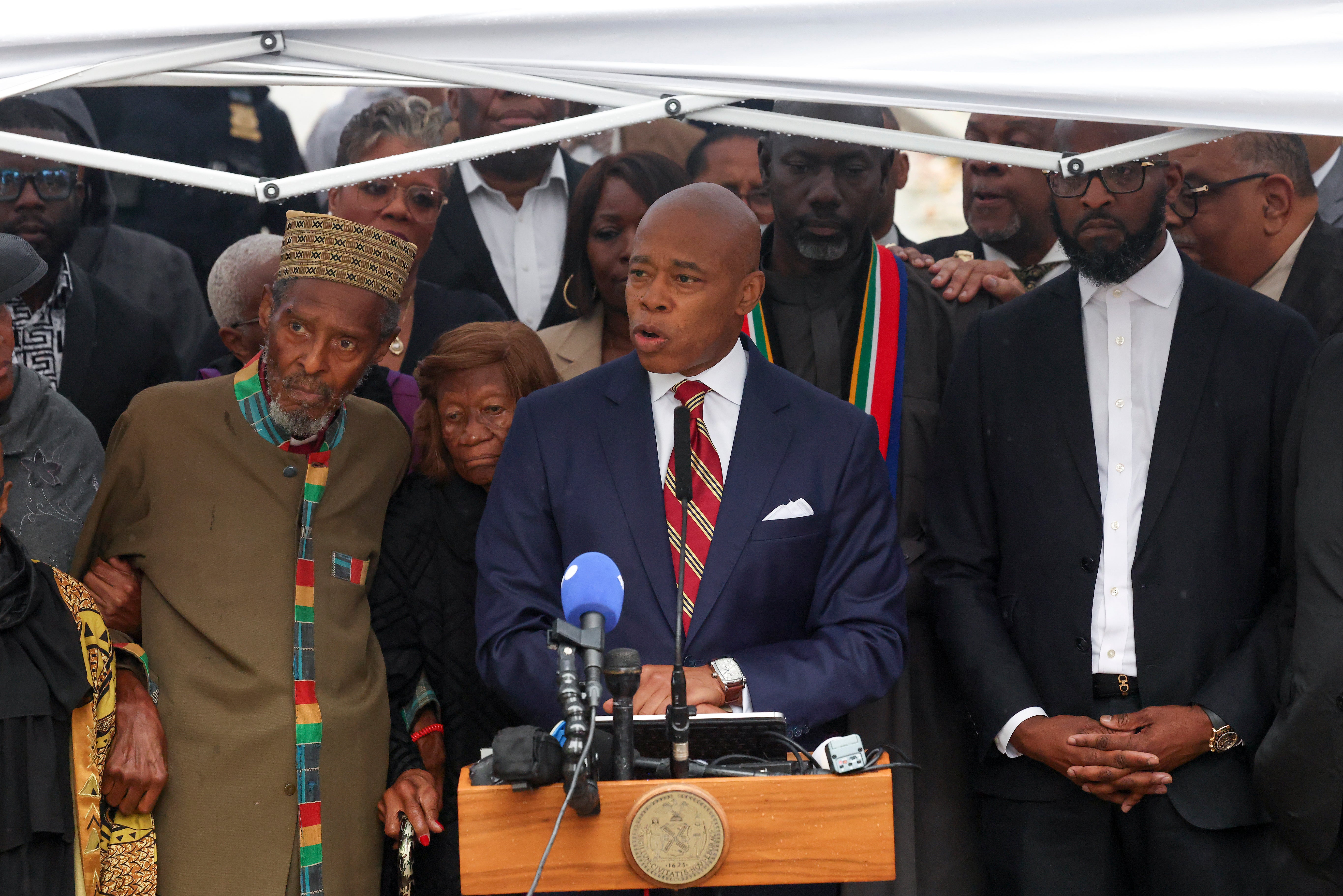 New York City Mayor Eric Adams speaks during a news conference outside Gracie Mansion