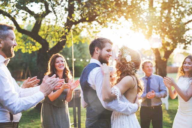 <p>Bride and groom dancing at wedding </p>