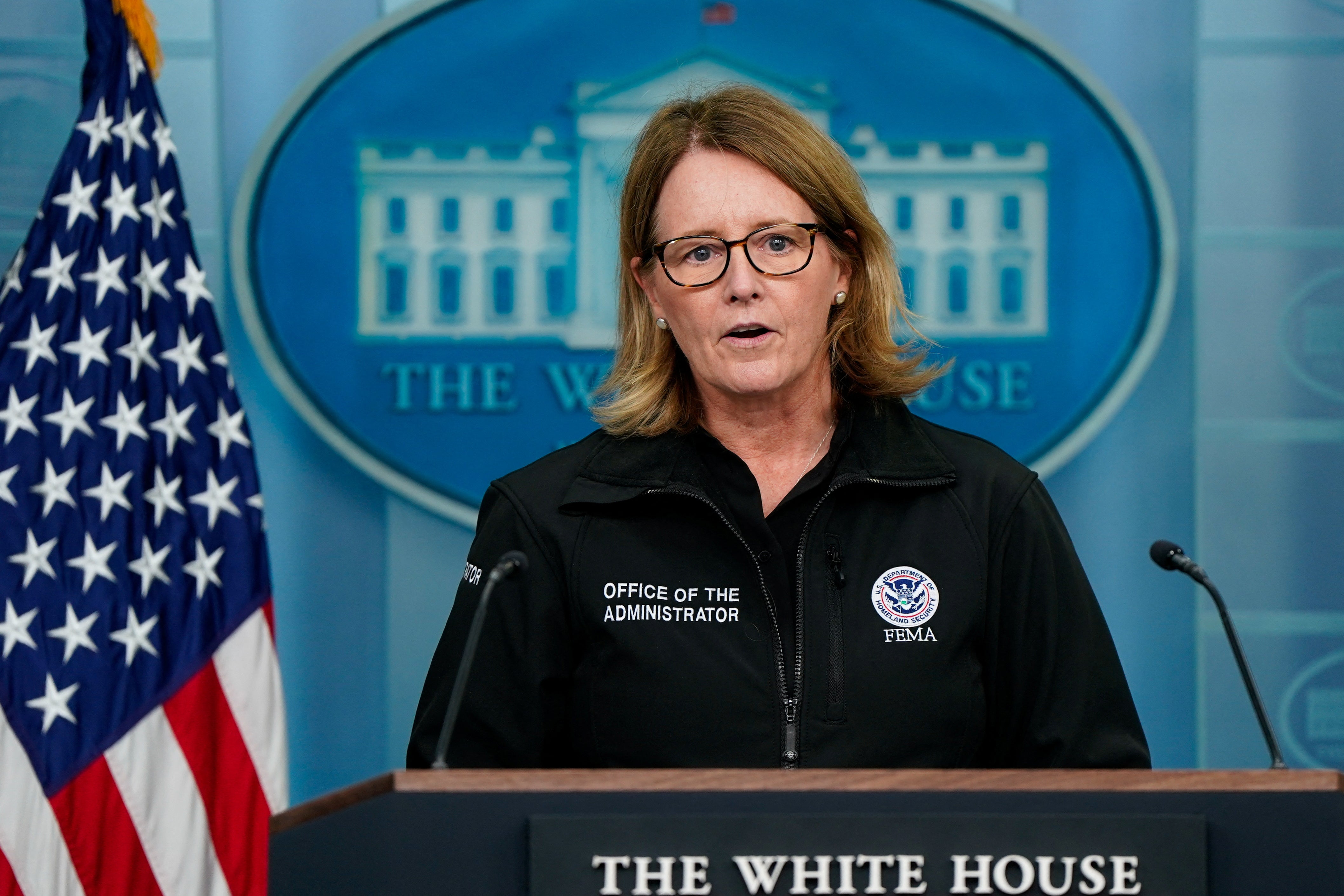 Administrator of the U.S. Federal Emergency Management Agency, Deanne Criswell, speaks during a press briefing at the White House in Washington, U.S., September 26, 2024. REUTERS/Elizabeth Frantz