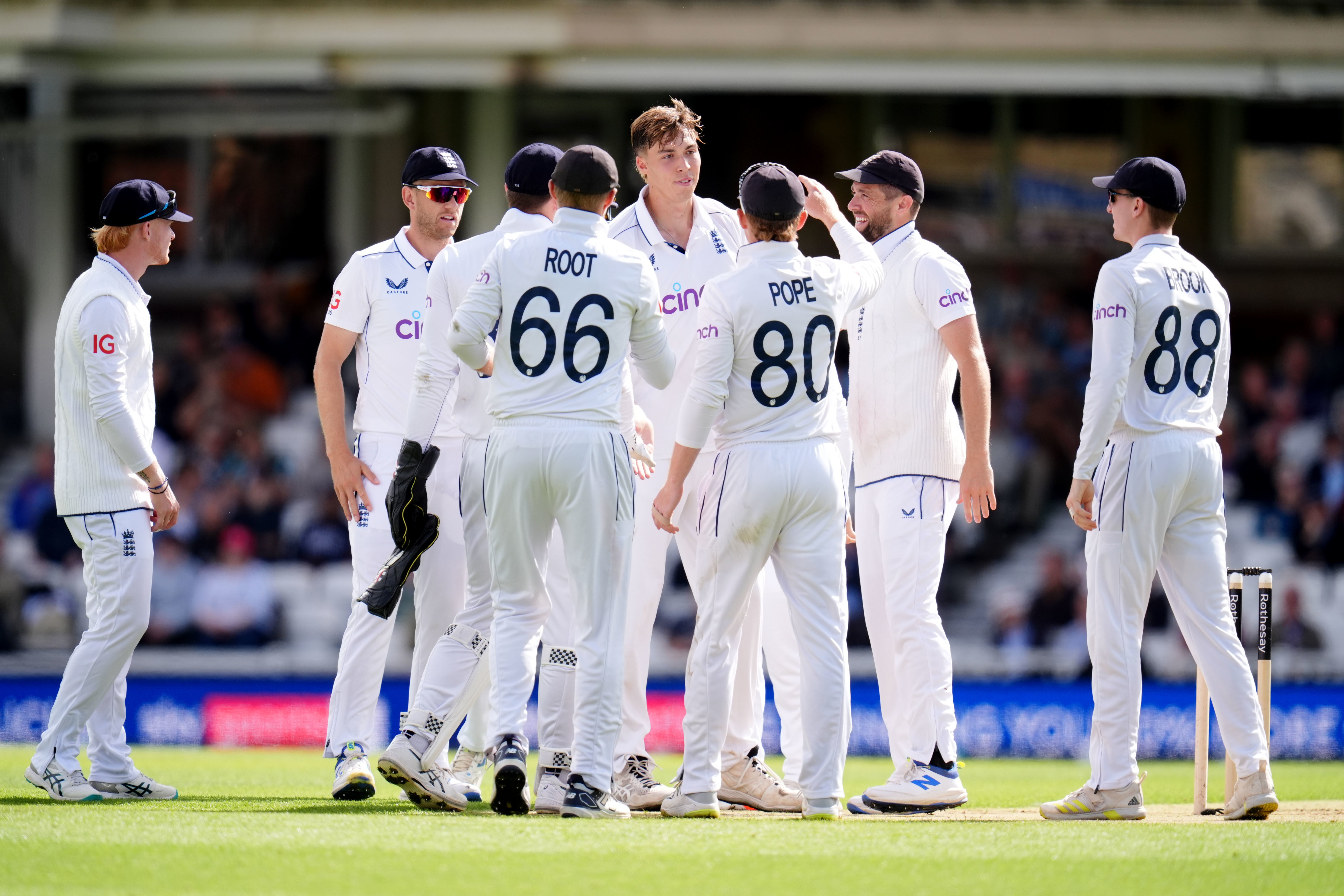 Josh Hull, centre, took three wickets on Test debut this month (John Walton/PA)