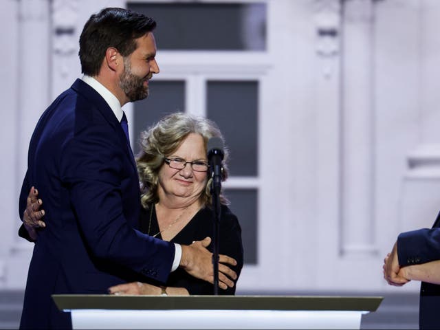 <p>Republican vice presidential candidate, U.S. Sen. J.D. Vance (R-OH) and his mom stand on stage on the third day of the Republican National Convention. She has now revealed how her son became a big Trump backer </p>