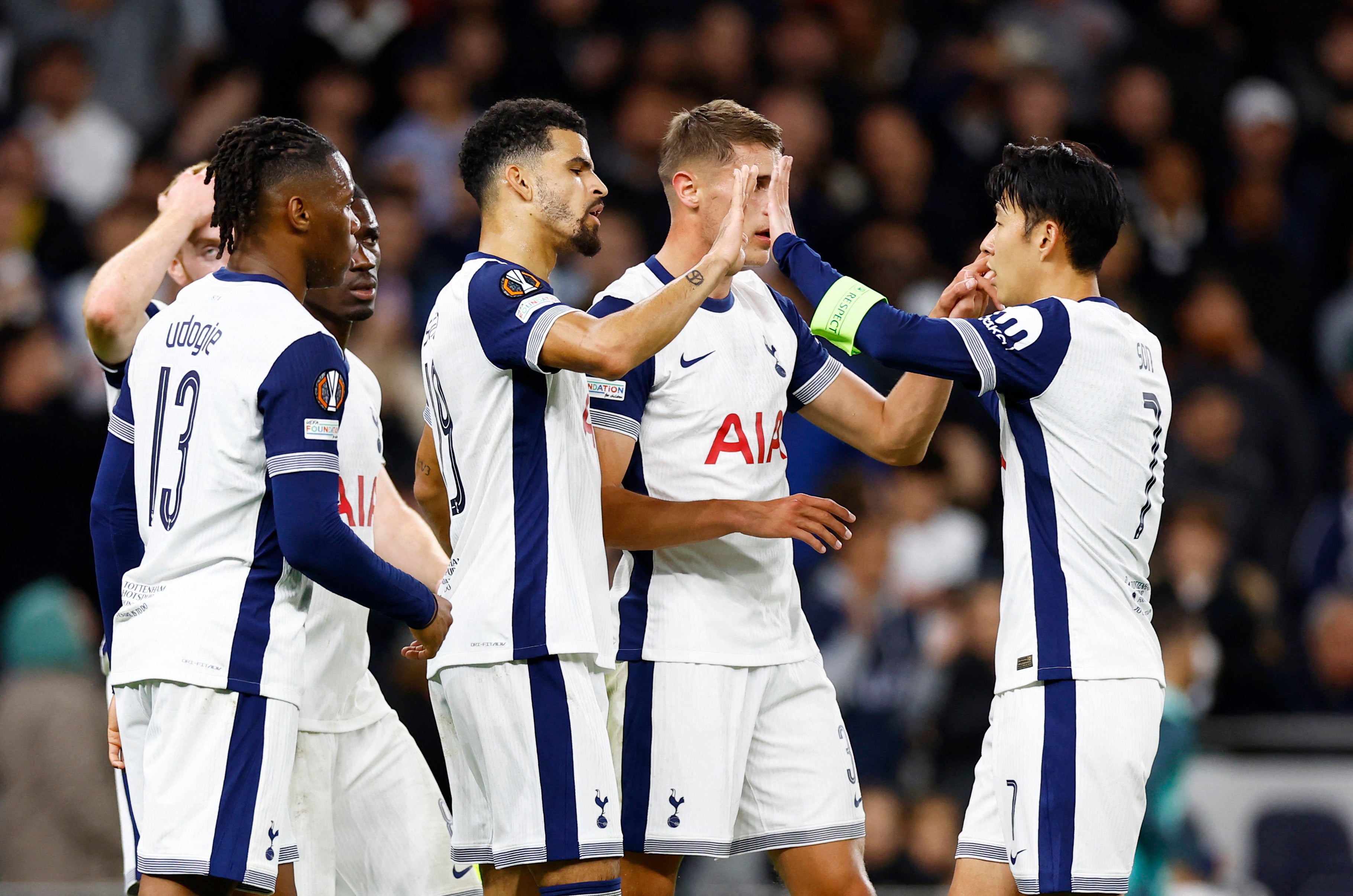 Dominic Solanke celebrates scoring Tottenham’s third goal