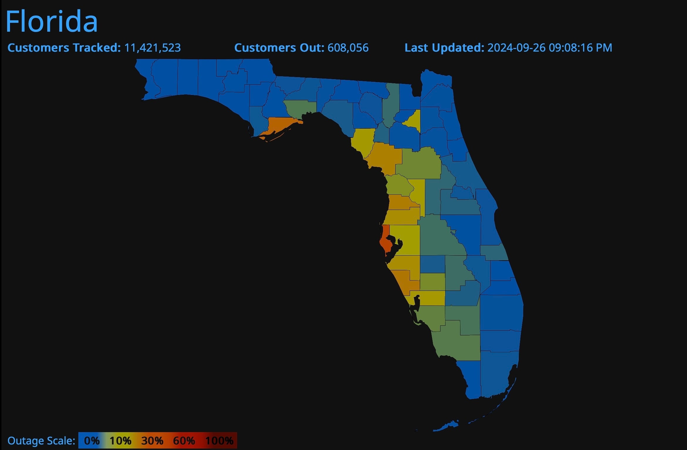 A graphic of the number of people without power in Florida