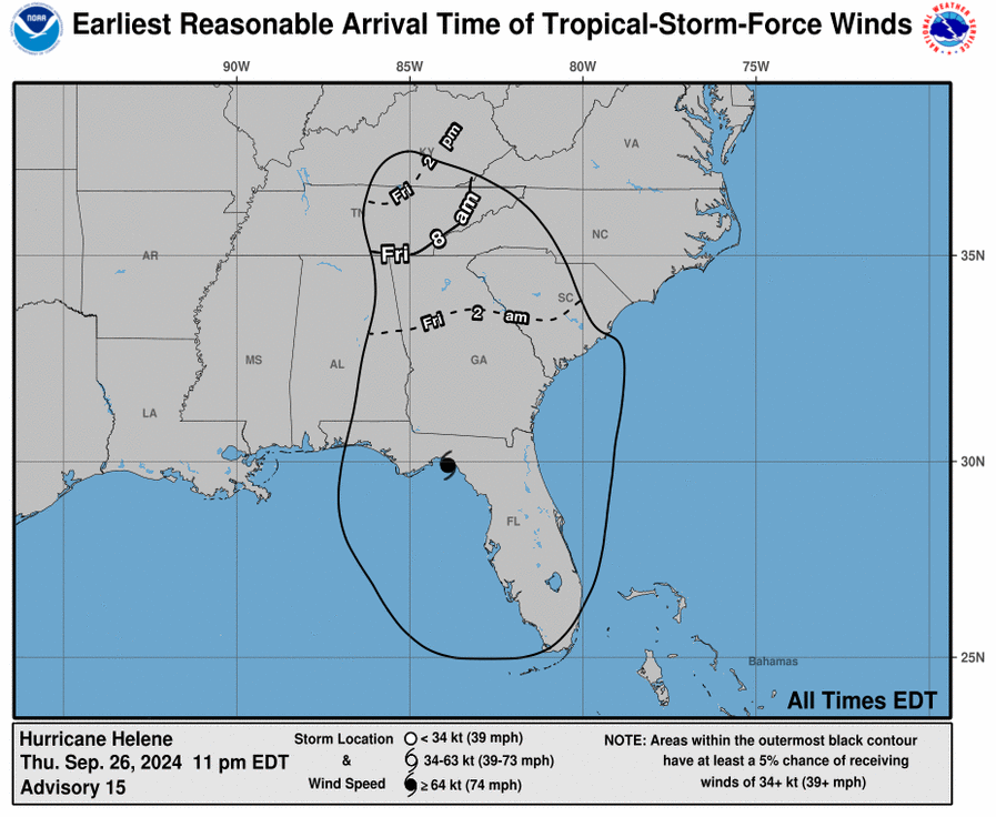 The expected arrival time of Hurricane Helene, which is heading towards Georgia after making landfall in Florida