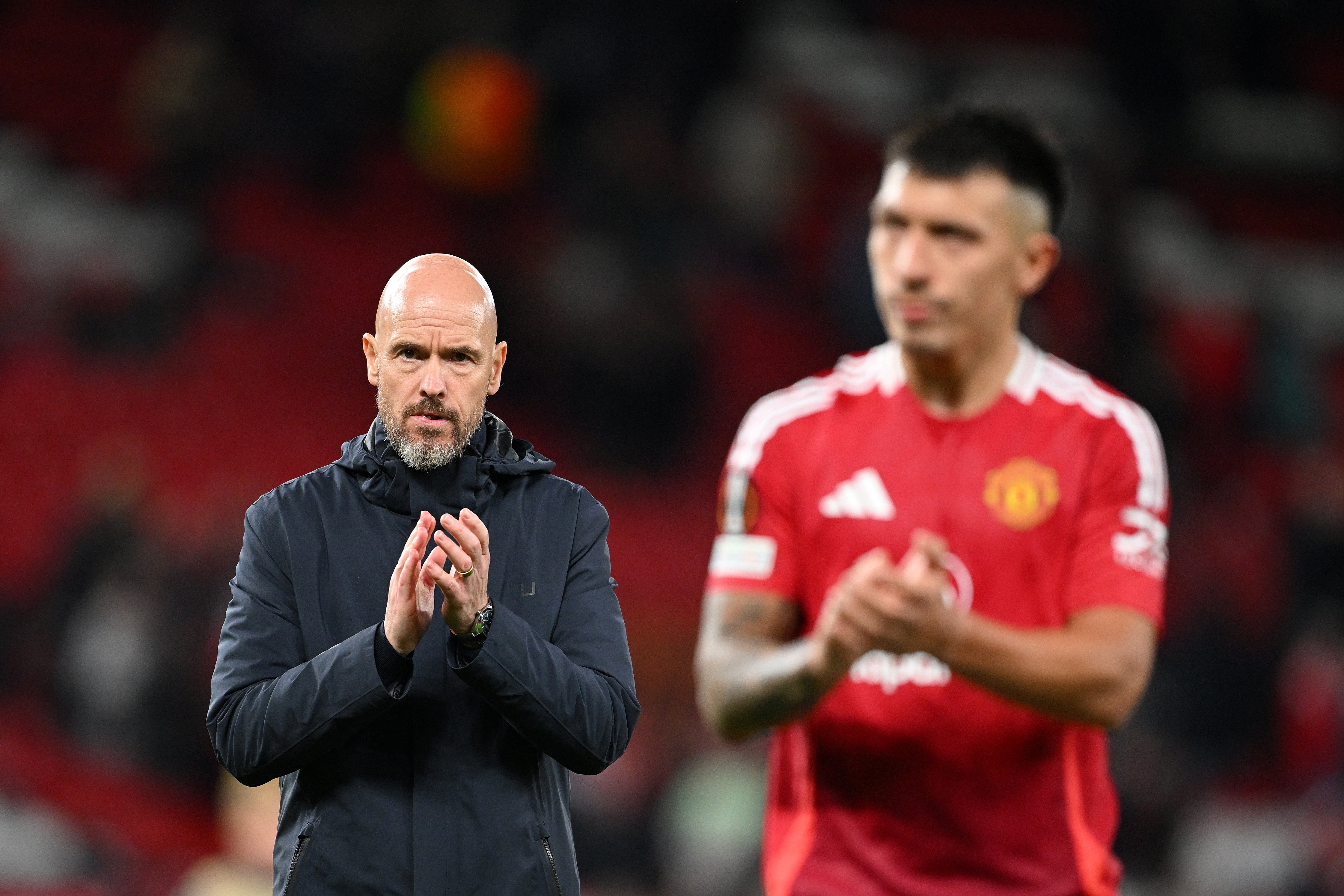 Erik ten Hag, Manager of Manchester United, applauds the fans