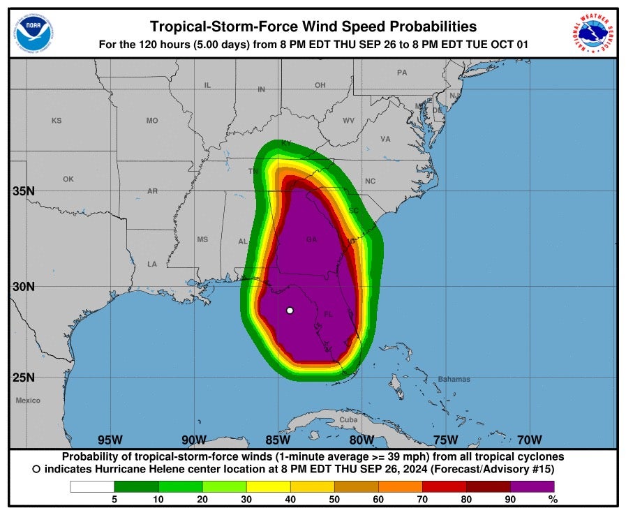 Nearly all of Florida and Georgia are expected to experience tropical storm force winds