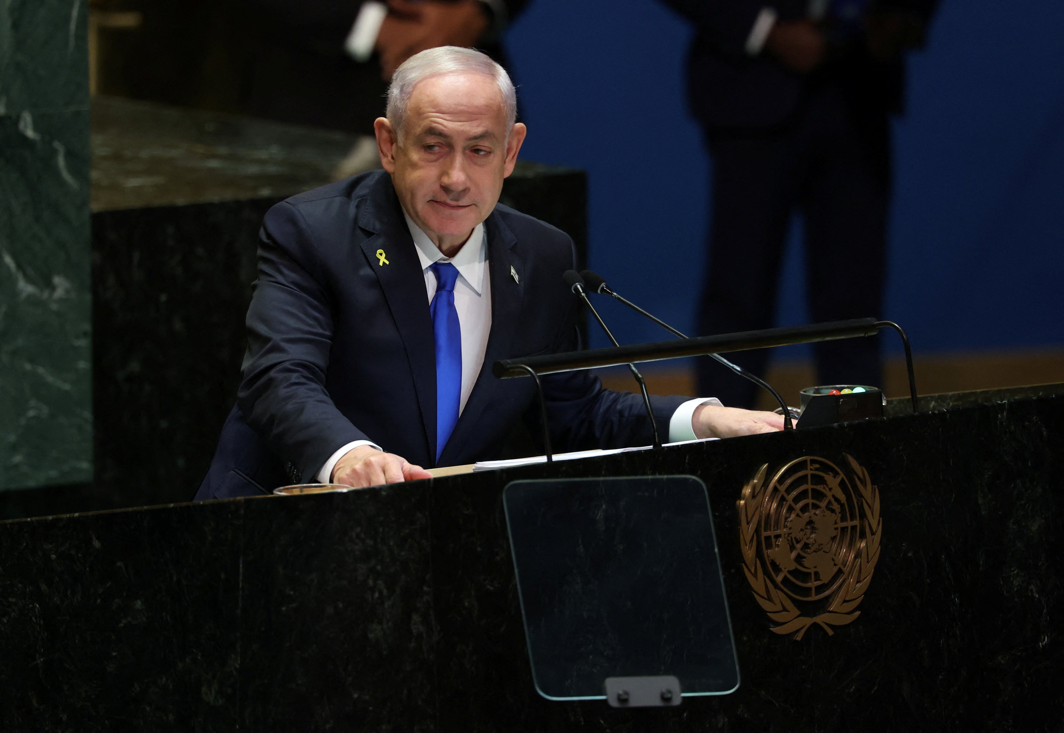 Israel’s prime minister Benjamin Netanyahu addresses the 79th United Nations General Assembly at the UN headquarters in New York on Friday