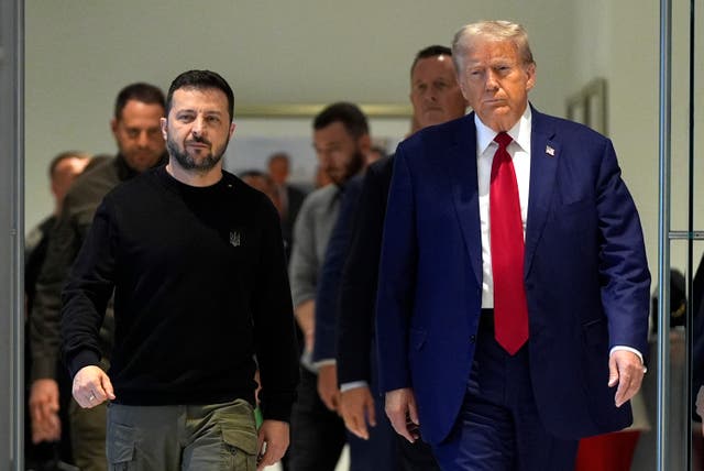 <p>Republican presidential nominee former President Donald Trump meets with Ukraine’s President Volodymyr Zelensky at Trump Tower on 27 September </p>