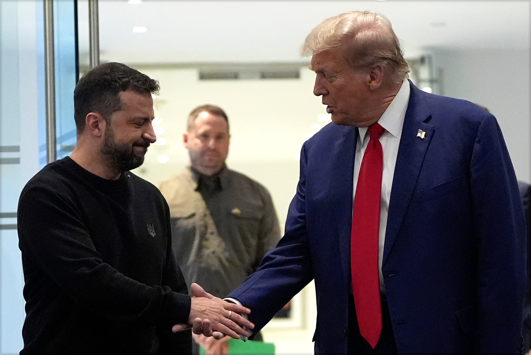 Republican presidential nominee former President Donald Trump meets with Ukraine’s President Volodymyr Zelensky at Trump Tower, Friday 27 September in New York