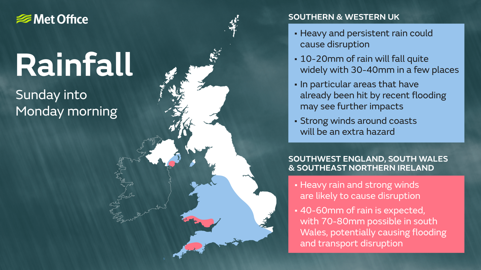 The outlook for Sunday and Monday with heavy rain and strong winds forecast for parts of the UK