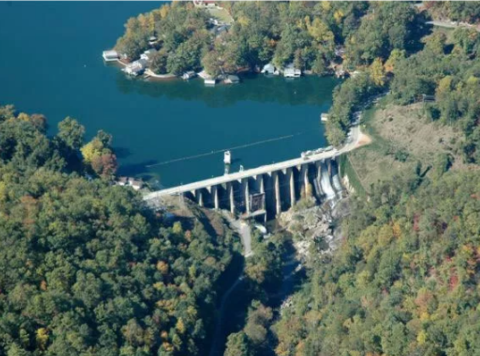 The Lake Lure Dam in calmer times, near Asheville in North Carolina. Residents were told to evacuate after the dam was ‘compromised’ by heavy rain from Tropical Storm Helene on Friday