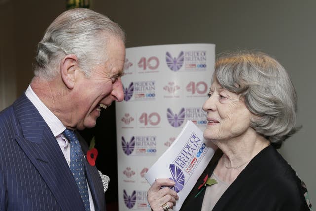 <p>King Charles III (then Prince of Wales) speaking to Maggie Smith at the Pride of Britain awards in 2016</p>