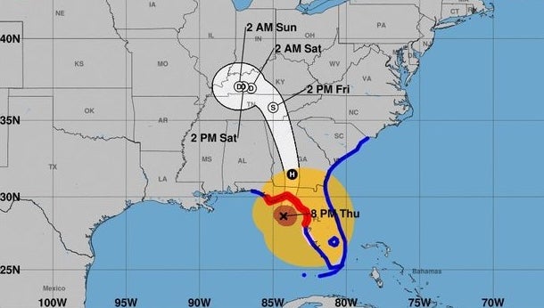 A map shows the expected trajectory of Tropical Depression Helene as it continues to move north over the Carolinas on Friday afternoon and is expected to stall over the Tennessee Valley Friday through the weekend