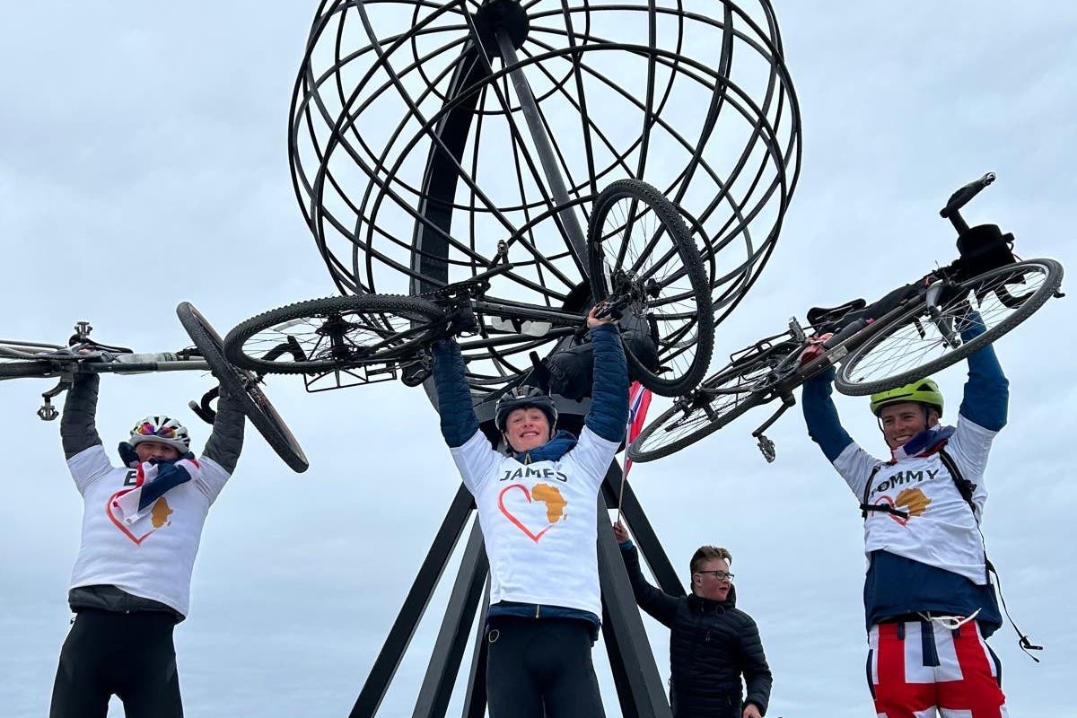 The trio at the end of their journey in Nordkapp (Ed Watson/University of Bristol/PA)