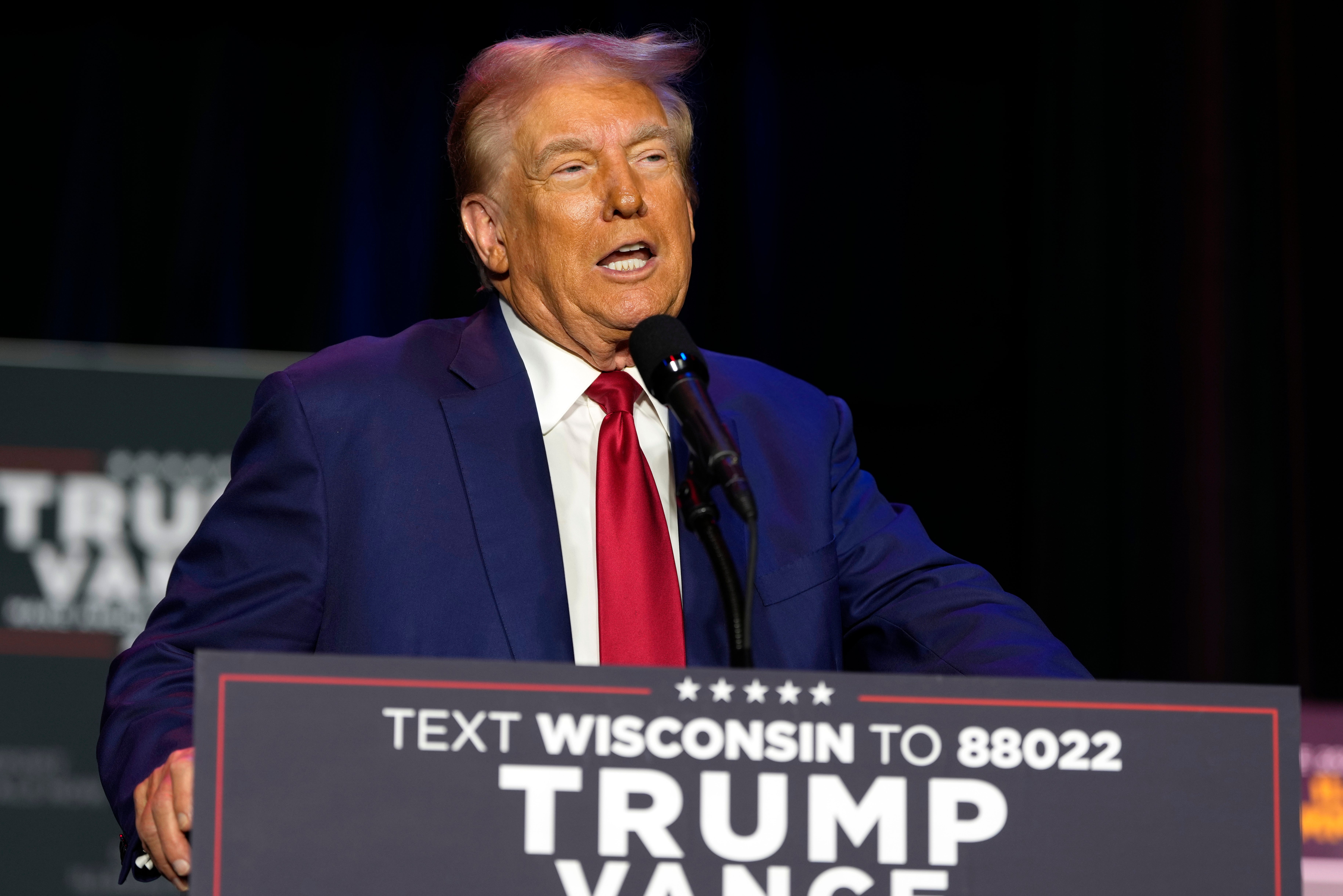 Republican presidential candidate former President Donald Trump speaks at a campaign stop Saturday, Sept. 28, 2024, in Prairie du Chien, Wisconsin