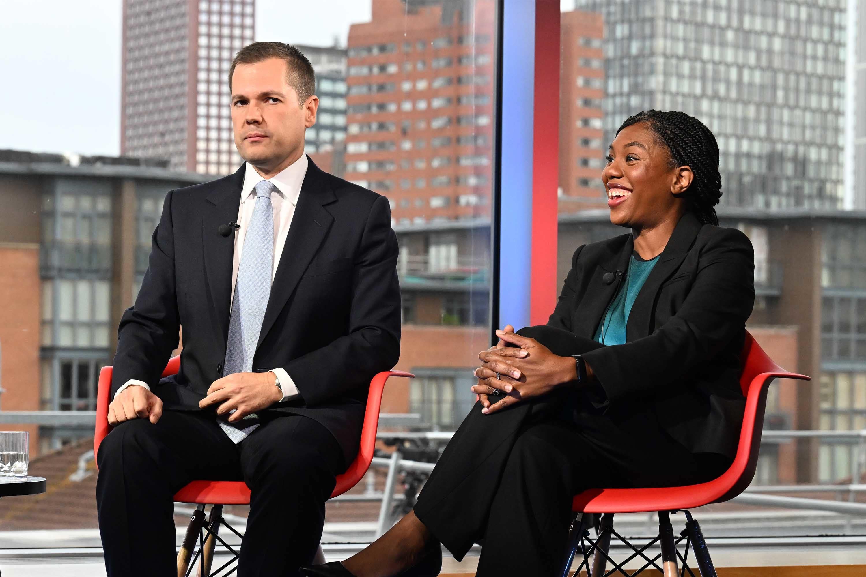 Conservative Party leadership contenders Robert Jenrick and Kemi Badenoch, waiting to appear on Sunday With Laura Kuenssberg (Jeff Overs/BBC/PA)