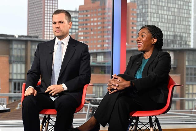 <p>Conservative Party leadership contenders Robert Jenrick and Kemi Badenoch, waiting to appear on Sunday With Laura Kuenssberg (Jeff Overs/BBC/PA)</p>