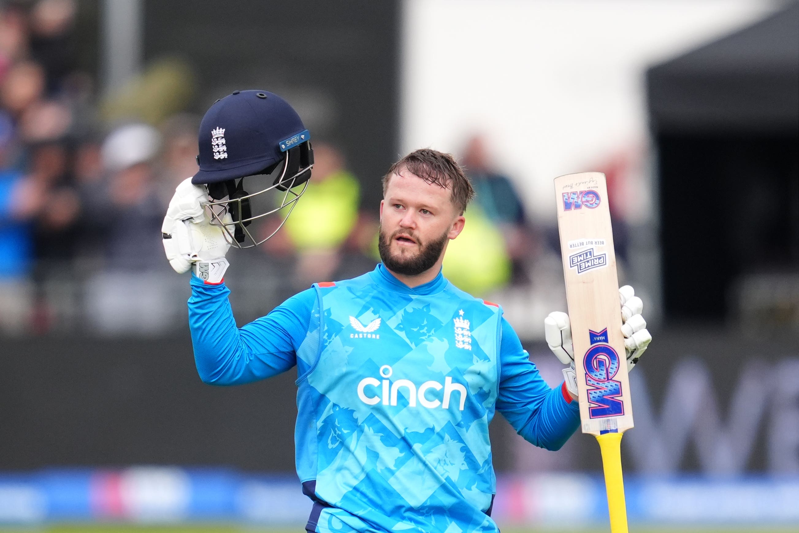 England’s Ben Duckett celebrates his century during the fifth one day international match at the Seat Unique Stadium, Bristol. Picture date: Sunday September 29, 2024.