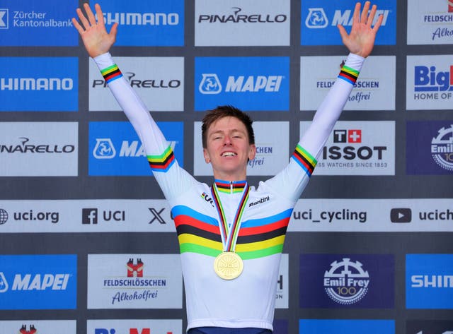 <p>Tadej Pogacar secured his first rainbow jersey after winning the World Championship men’s road race </p>