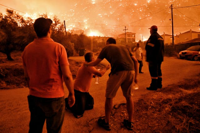 <p>A resident reacts as a wildfire approaches the village of Ano Loutro as fanned by strong winds raged uncontrolled despite the attempts of hundreds of firefighters</p>