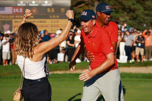 <p>Keegan Bradley celebrated securing the 2024 Presidents Cup for Team USA </p>