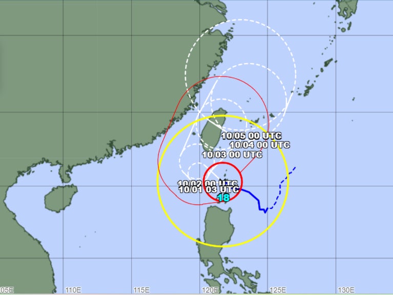 Map shows expected trajectory of Typhoon Krathon as it moves west-northwest and is projected to make landfall in southern Taiwan