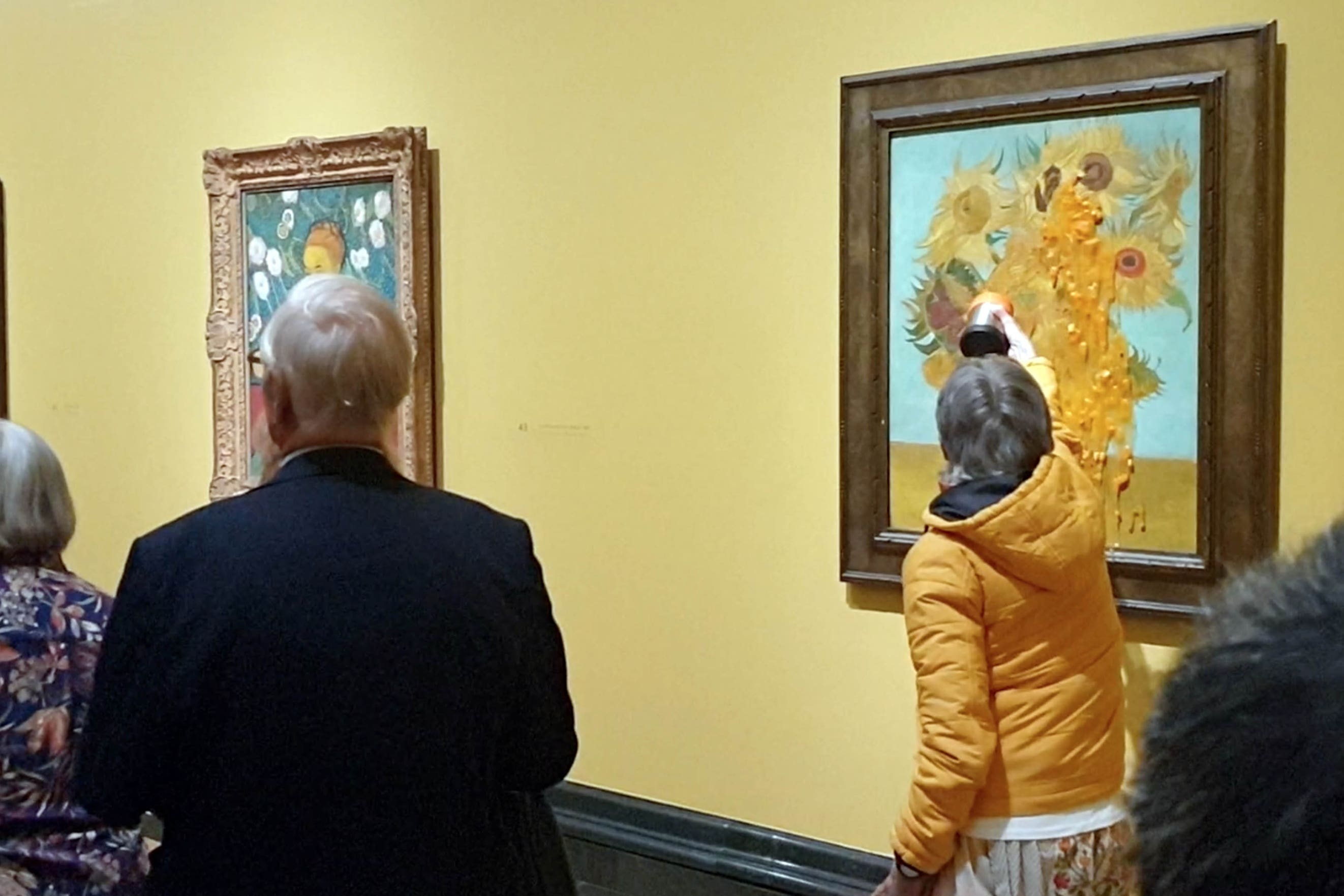 A Just Stop Oil activist pouring soup over one of two Vincent Van Gogh paintings at the National Gallery in London, just hours after other members of the group were jailed for damaging the gold frame of the artist’s Sunflowers (Just Stop Oil/PA)