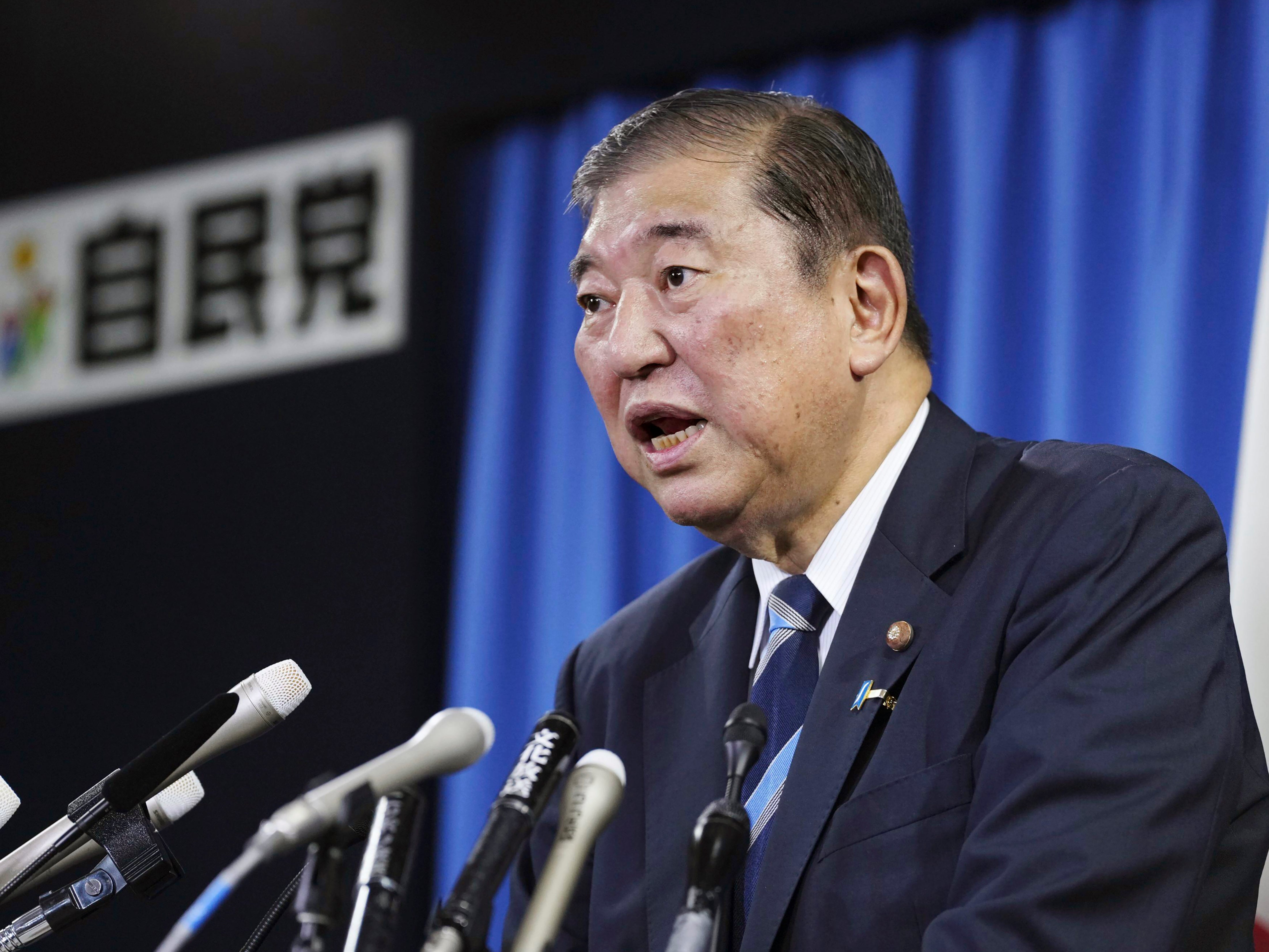 Shigeru Ishiba, the head of Japan’s governing party, the Liberal Democratic Party speaks during a press conference at the party’s headquarters in Tokyo on Monday