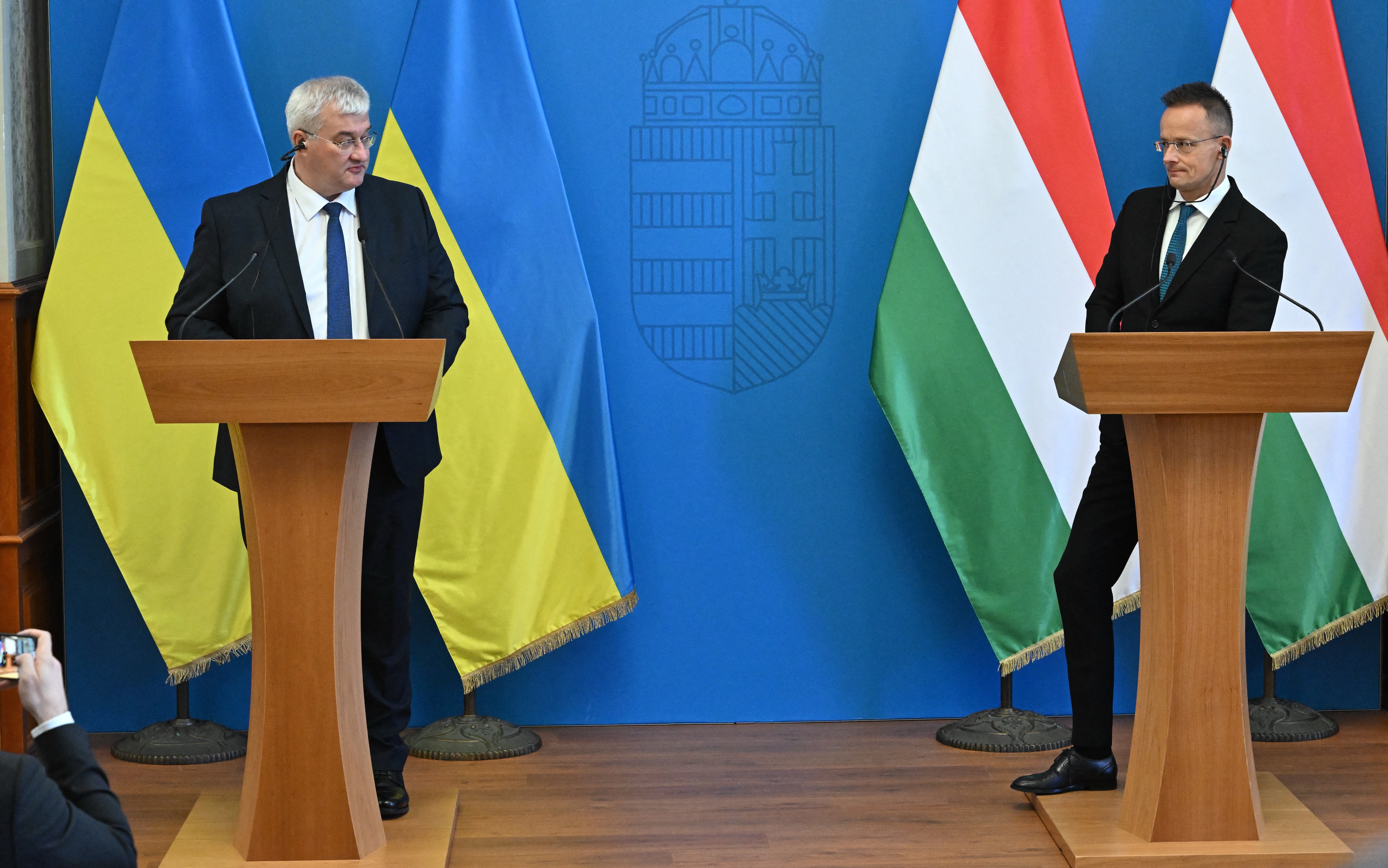 The foreign ministers address a joint press conference at the foreign office in Budapest