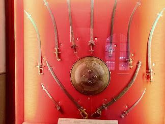 Swords and steel chest covers used by Rajput warrior clan of India displayed at the Albert Hall museum