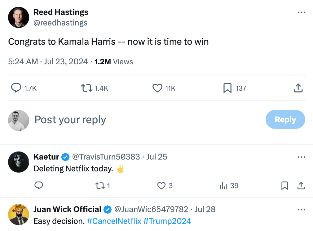 X users were quick to share their frustrations following Hastings’ endorsement of Kamala Harris