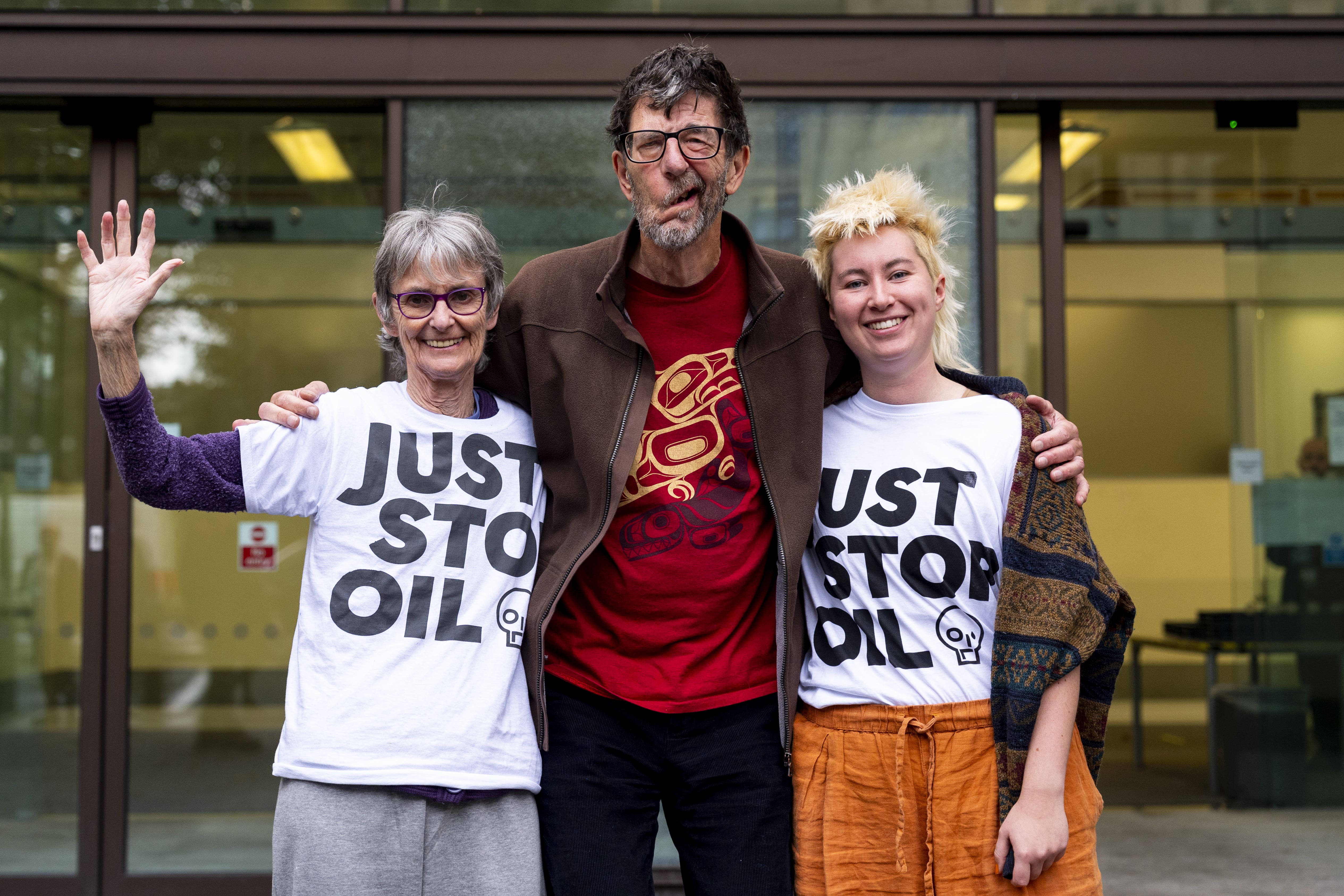 (left to right) Just Stop Oil activists Mary Somerville, Stephen Simpson and Phillipa Green leaving Westminster Magistrates’ Court, central London (Jordan Pettitt/PA)