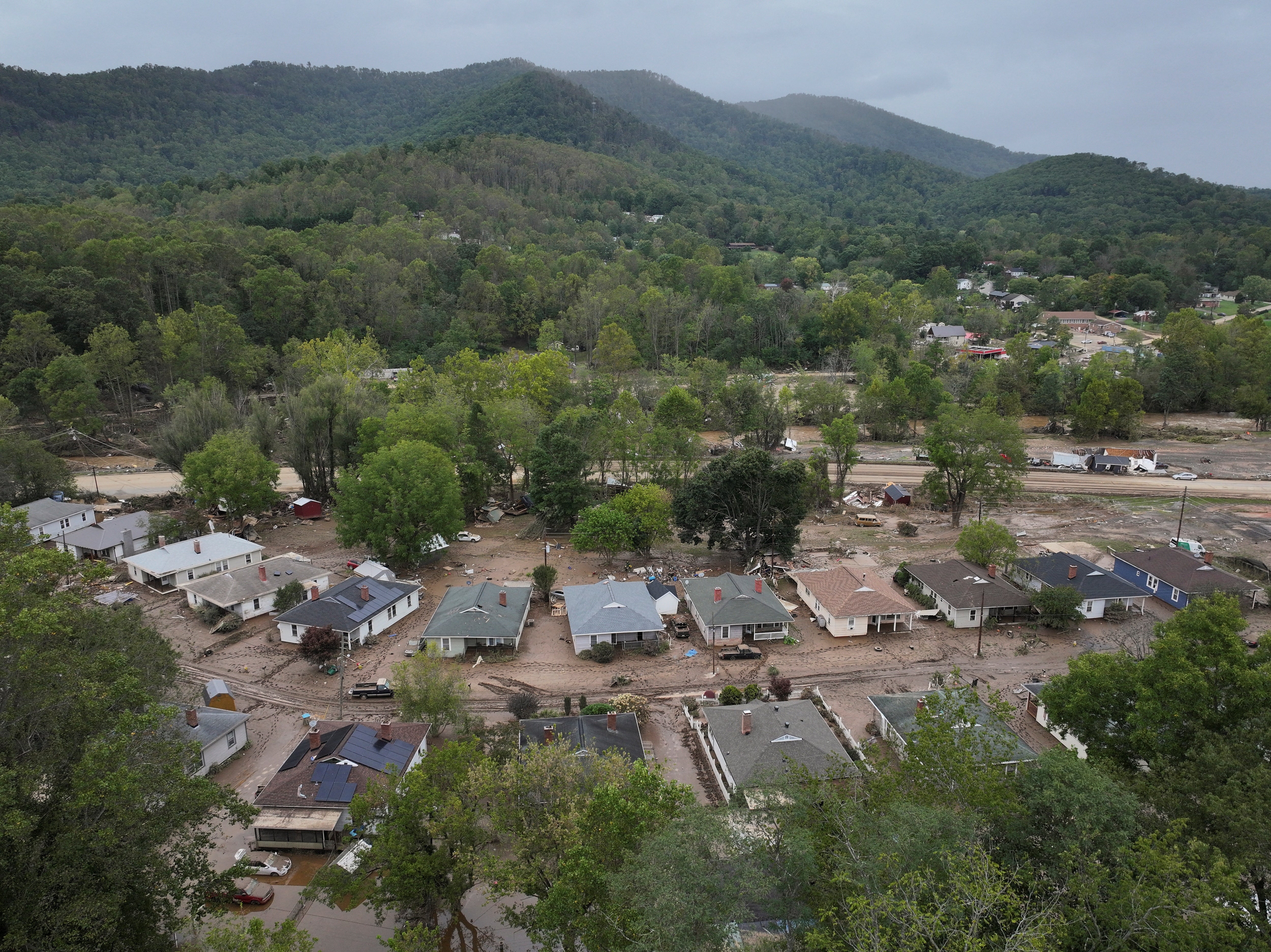 A drone view shows houses in a damaged area in Swannanoa, North Carolina, on Sunday. The storm brought massive flooding and landslides.