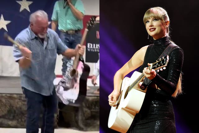 <p>A man in Texas smashes a personalized Taylor Swift guitar with a hammer (left) </p>