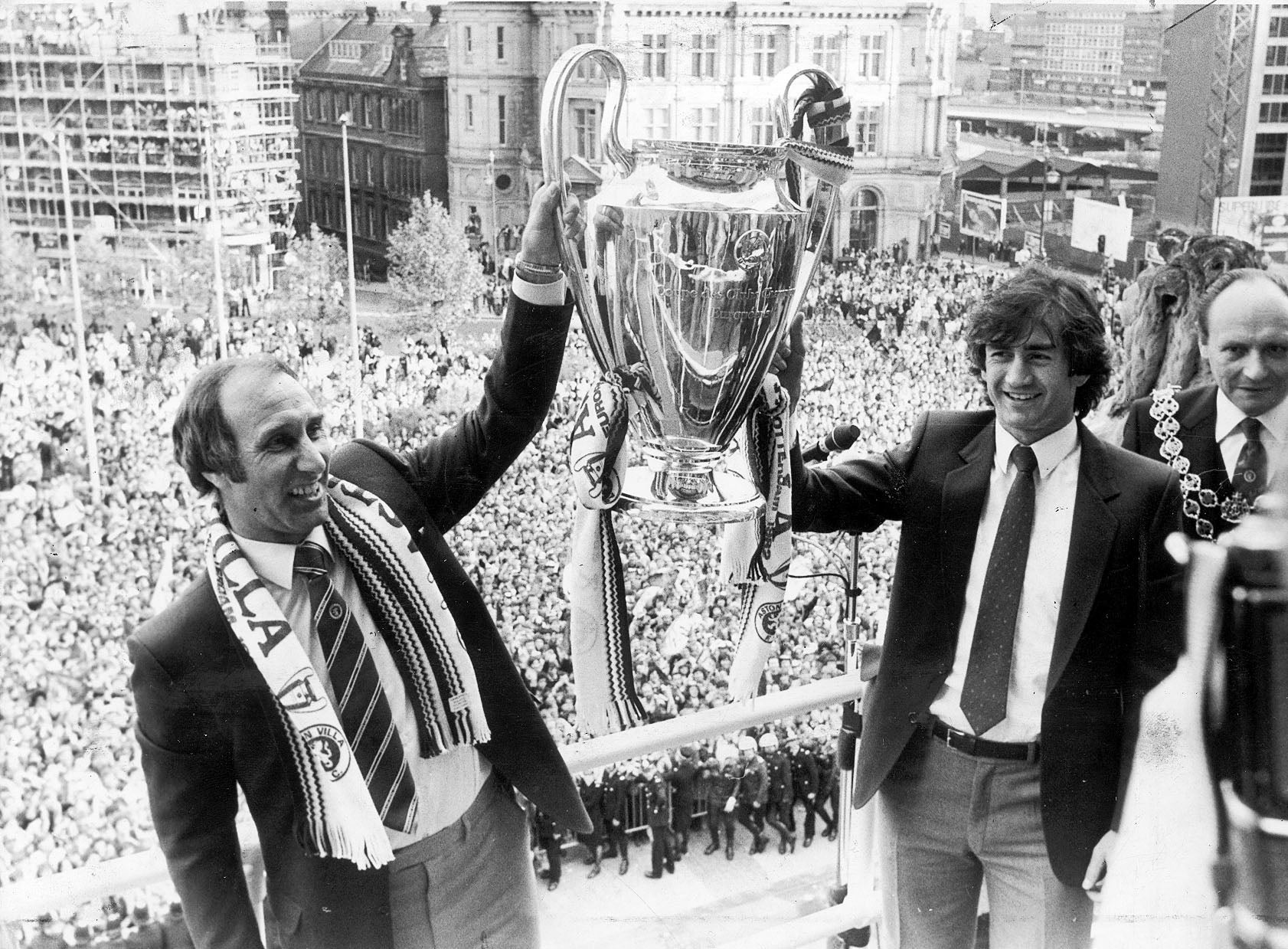 Tony Barton (left) lifts European Cup with Aston Villa captain Denis Mortimer in 1982