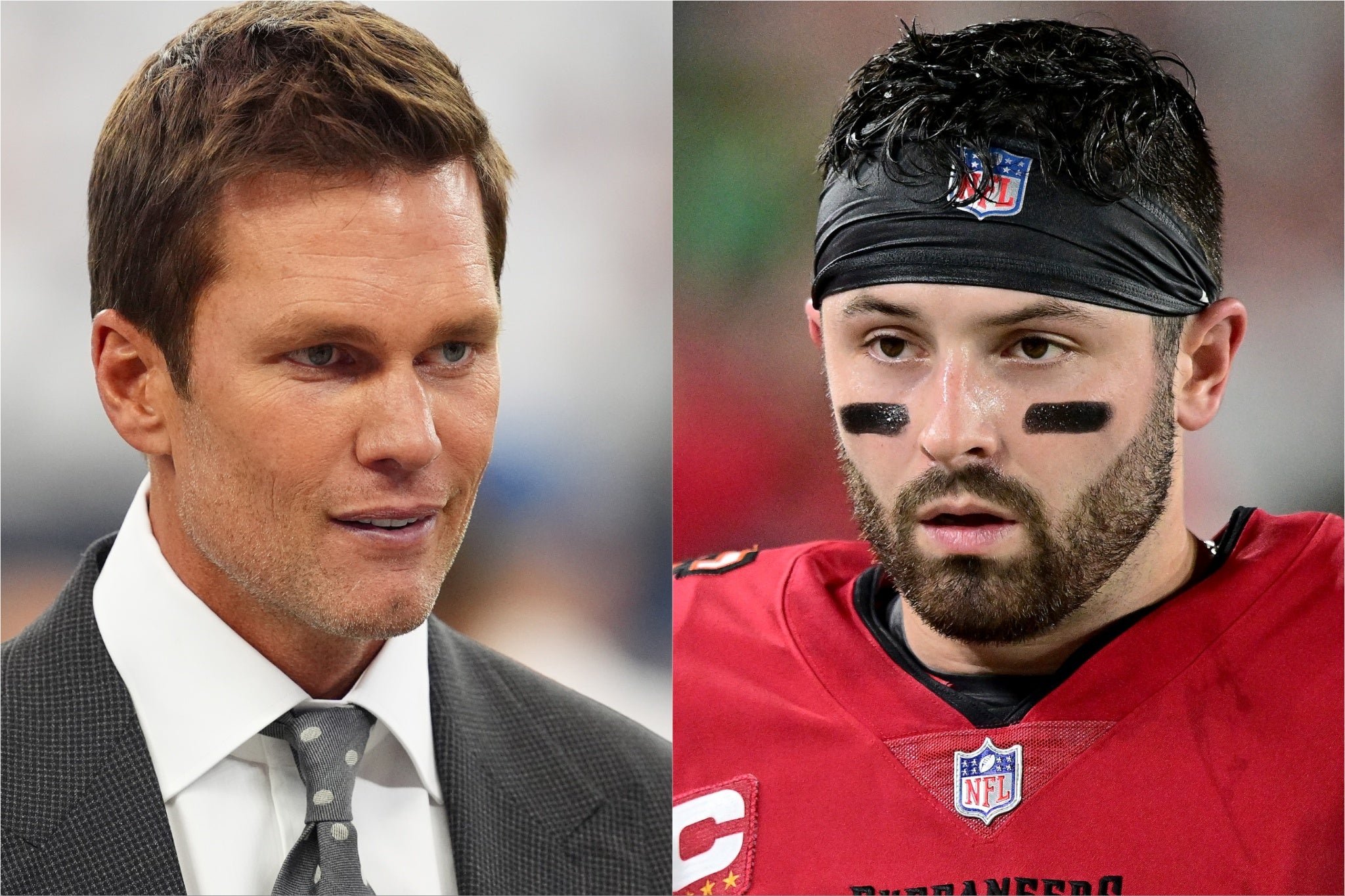 Baker Mayfield (à direita) substituiu Tom Brady como quarterback do Tampa Bay Buccaneers em 2023