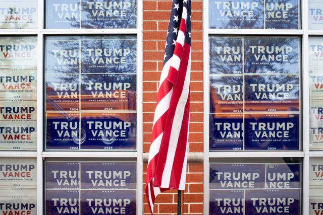 <p>Signage is seen outside of the Trump Force 47 campaign headquarters on August 26, 2024 in Roseville, Michigan. </p>