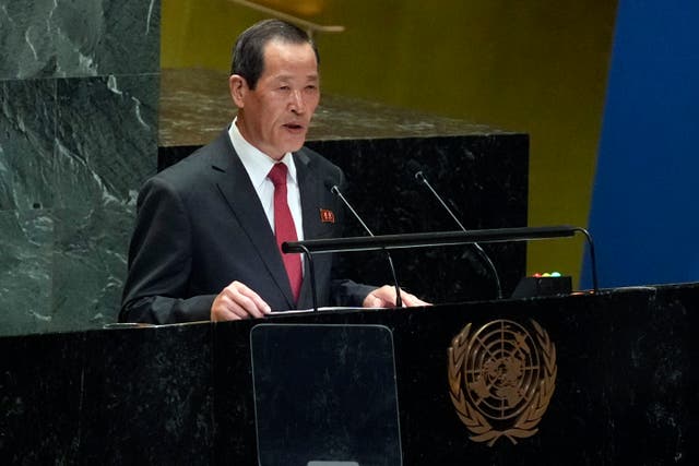 <p>North Korea Ambassador Song Kim addresses the 79th session of the United Nations General Assembly, Monday</p>